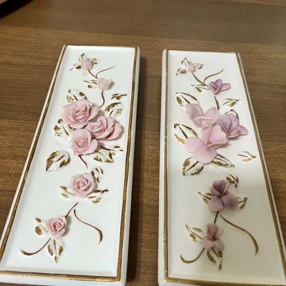 Vintage Pair of Lefton Porcelain Wall Hanging with Delicate Pink Roses.